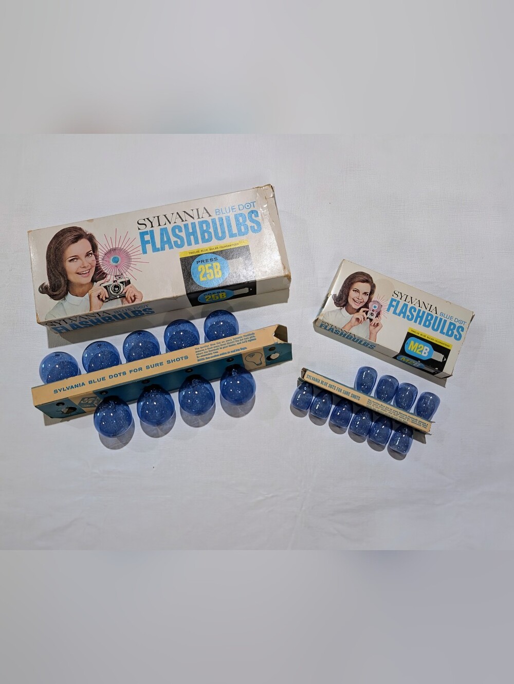 Set of 2, MCM Sylvania Blue Dot Press 25B & M2B Flashbulbs Original Boxs Trays